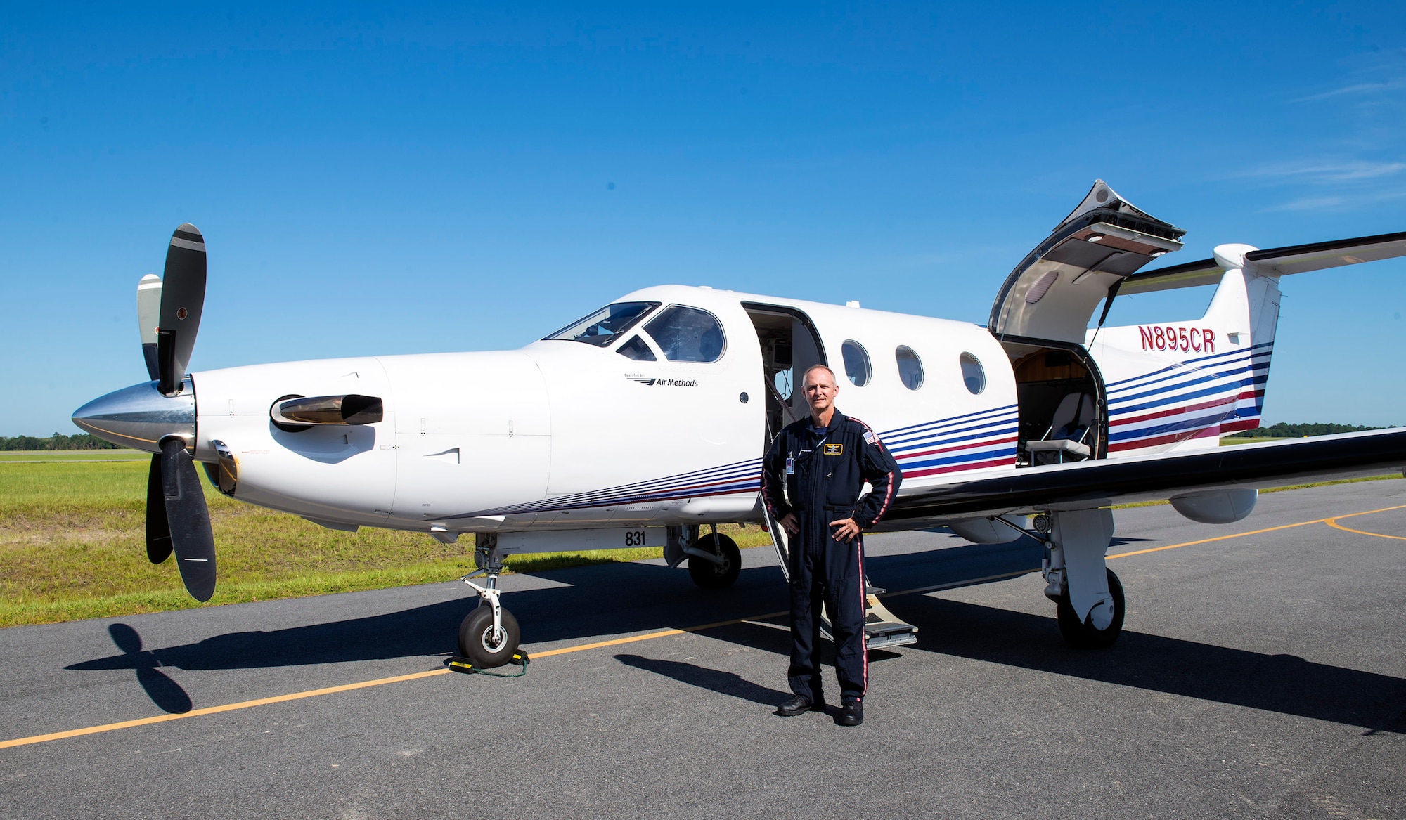 U.S. Air Force Reserve Master Sgt. Rusty Harrell, 476th Fighter Group career assistance advisor, stands in front of a Pilatus PC-12 aircraft at a local airport, July 13, 2016, in Valdosta, Ga. After serving 12 years active duty as an armament systems technician and taking a 12-year hiatus from military service, Harrell reintegrated into the Air Force Reserves in 2011 to continue his military legacy and also pursue a career as a civilian pilot. (U.S. Air Force photo by Airman 1st Class Greg Nash)