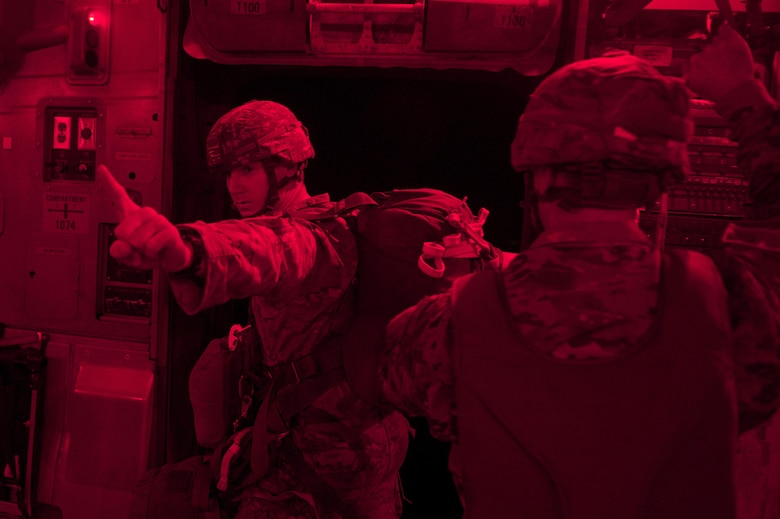 U.S. Army members from the 82nd Airborne Division load onto a C-17 Globemaster III aircraft from Joint Base Lewis-McChord, W.A., during Battalion Mass-Tactical week at Pope Army Airfield, N.C., July 12, 2016. During mass-tactical week the Army and Air Force units work together to improve interoperability for worldwide crisis, contingency and humanitarian operations. (U.S. Air Force photo by Staff Sgt. Sandra Welch)