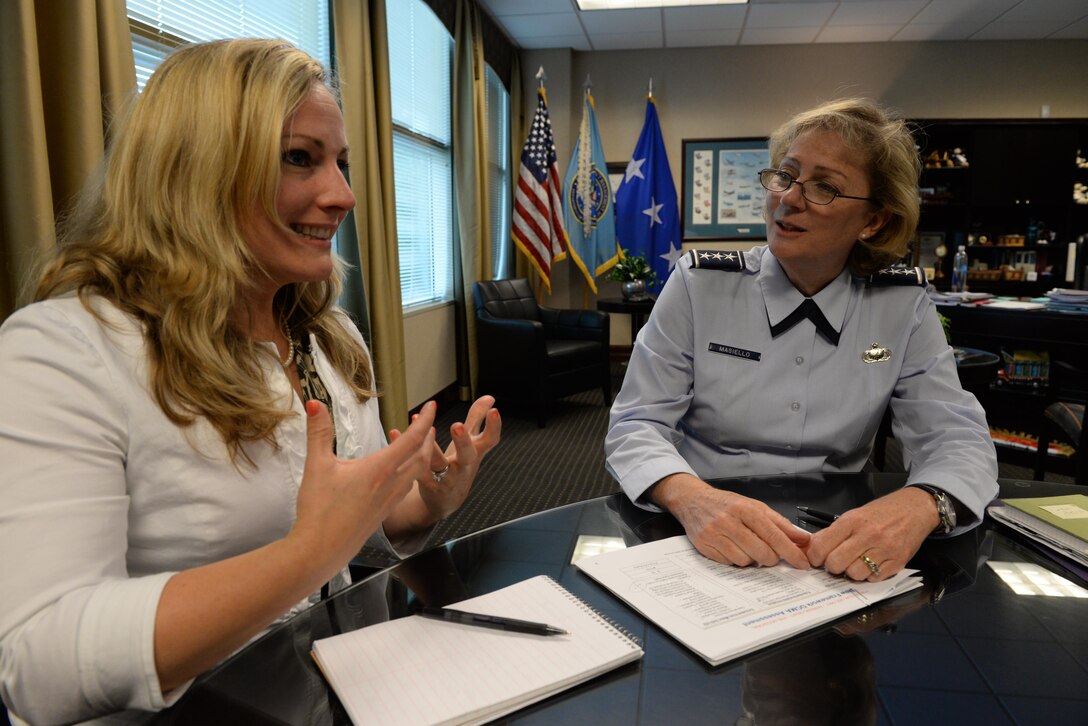 Rollins takes advantage of office time with agency Director Air Force Lt. Gen. Wendy Masiello, during a recent job shadowing opportunity at the agency headquarters.