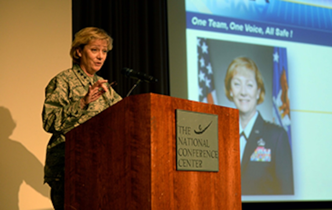 Air Force Lt. Gen. Wendy Masiello, Defense Contract Management Agency director, delivers the opening remarks at the agency's annual Aircraft Operations Training Seminar at National Conference Center, August 18, in Leesburg, Va. 