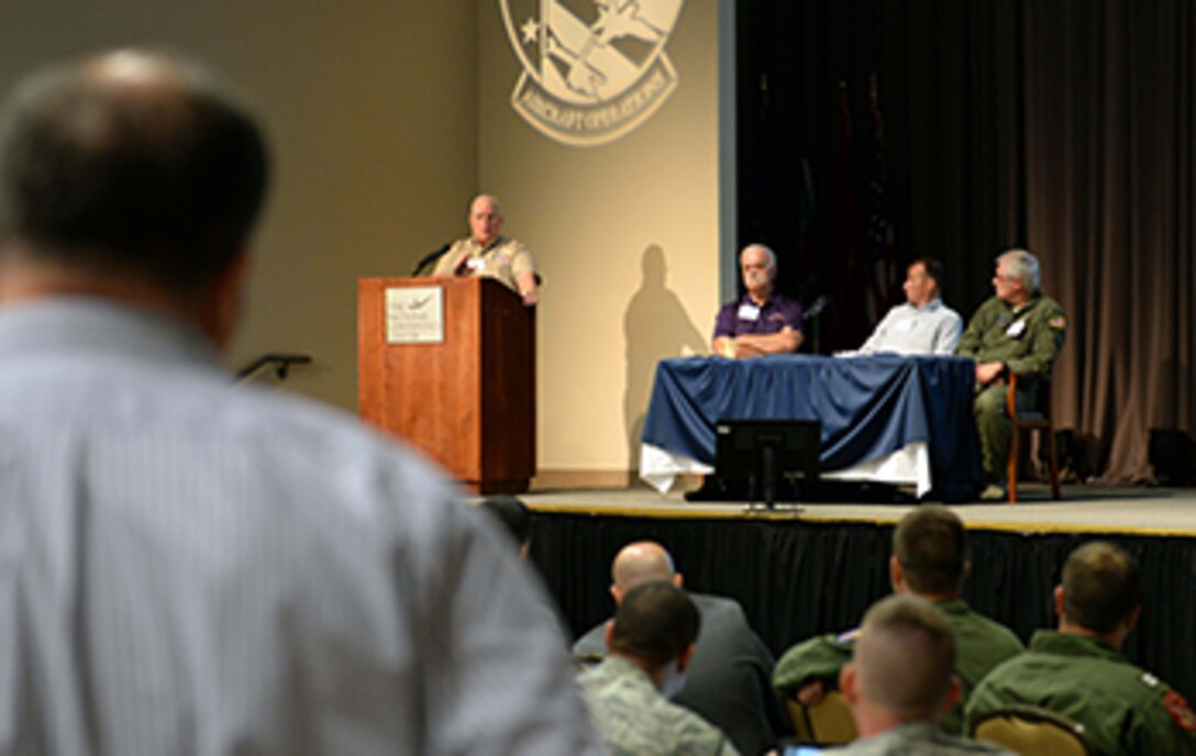 John Heib, Defense Contract Management Agency Aircraft Operations deputy director for policy, answers a question during a policy Q-and-A session at the Defense Contract Management Agency’s annual Aircraft Operations Training Seminar at National Conference Center, August 18, in Leesburg, Va. 