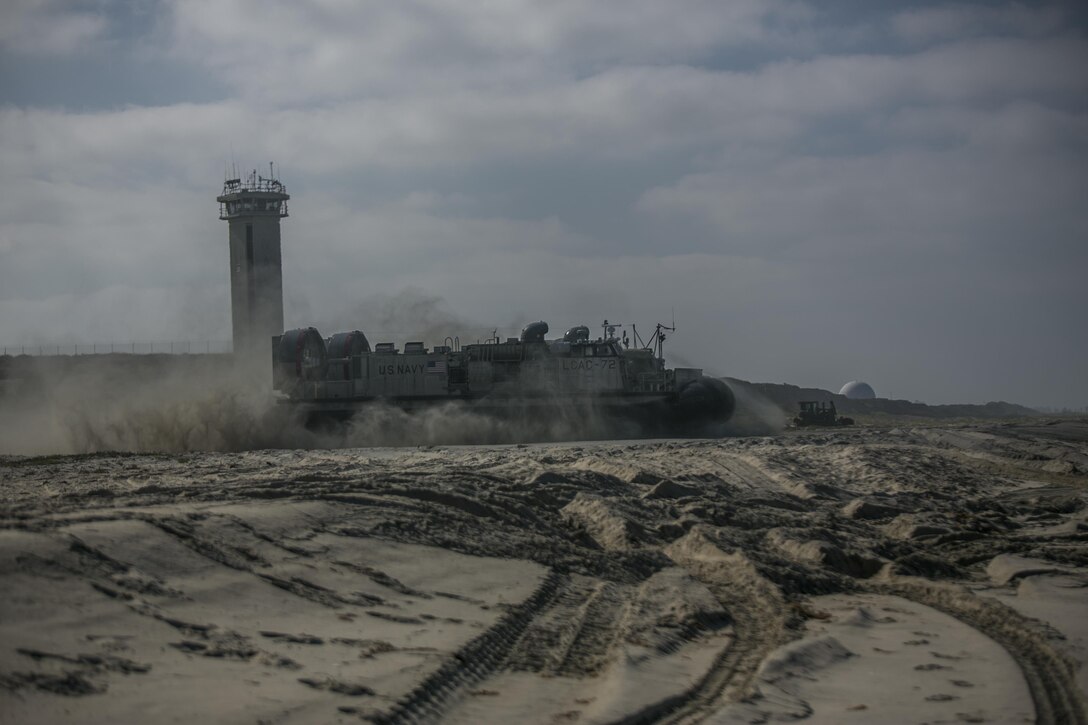 Marines with 4th Tank Battalion, 4th Marine Division, Marine Forces Reserve, departs the beach on a landing craft air cushion aboard Marine Corps Base Camp Pendleton, Calif., while conducting amphibious operations during their annual training, July 16, 2016. Annual training exercises ensure that Reserve Marines are trained and prepared for any future operation or contingency. (U.S. Marine Corps photo by Cpl. Gabrielle Quire/Released)