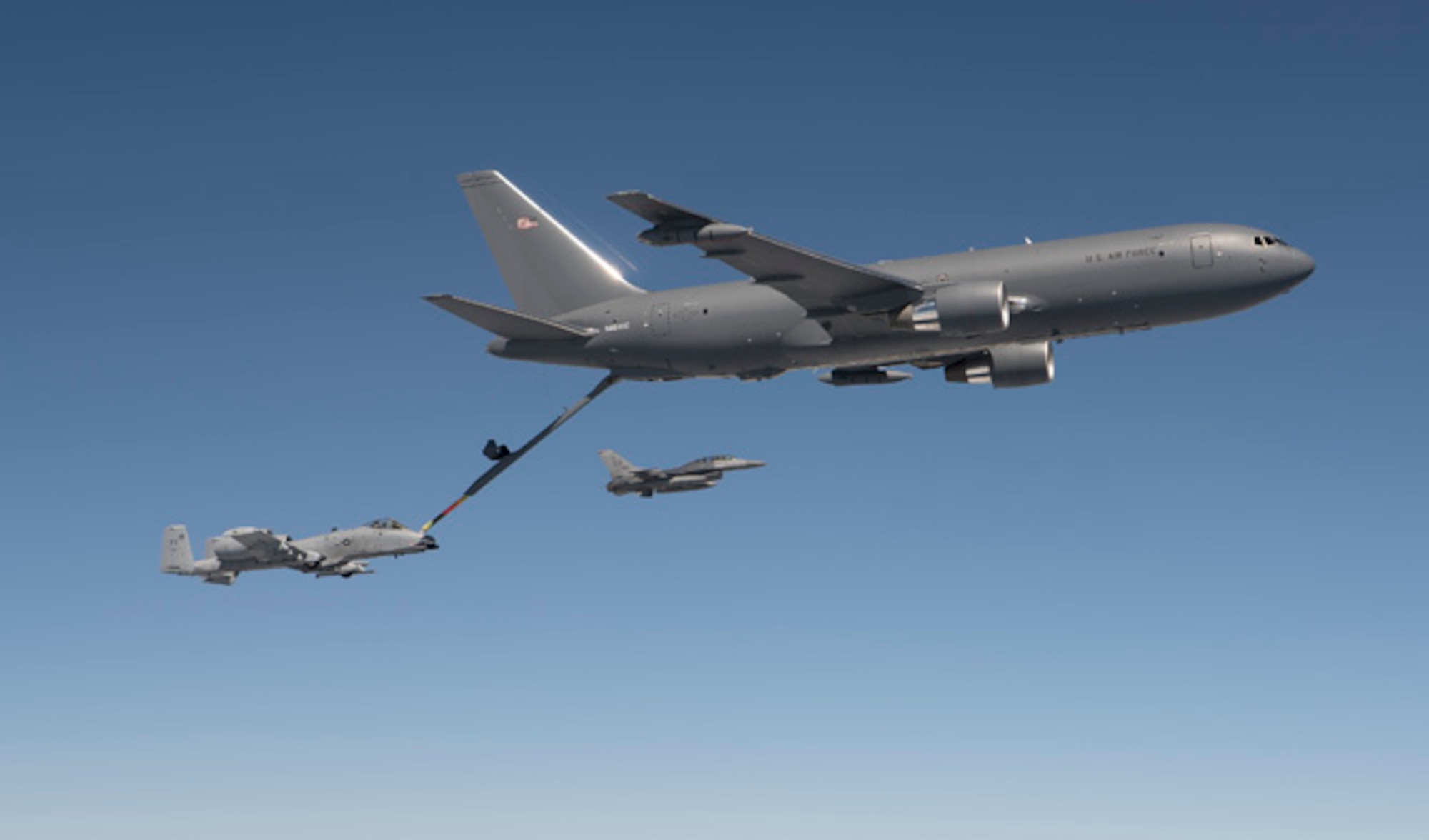 A KC-46 Pegasus refuels an A-10 Thunderbolt II with 1,500 pounds of fuel July 15, 2016. The mission was the last of all flight tests required for the tanker’s Milestone C production decision. (Boeing photo/John D. Parker)