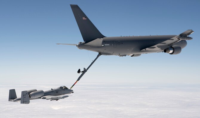 A KC-46 Pegasus refuels an A-10 Thunderbolt II with 1,500 pounds of fuel July 15, 2016. The mission was the last of all flight tests required for the tanker’s Milestone C production decision. (Boeing photo/John D. Parker)