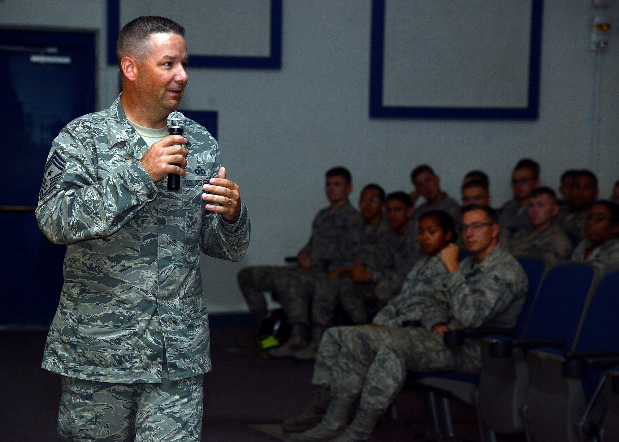 Chief Master Sgt. Randy Kwiatkowski, 56th Fighter Wing command chief, speaks to the Thunderbolts during his all-call session July 1, 2016 at Luke Air Force Base, Ariz. Kwiatkowski spoke on several hot topics pertinent to the Airmen at all levels, including his vision for maintaining high quality of Airmen. (U.S. Air Force photo by Senior Airman Devante Williams)