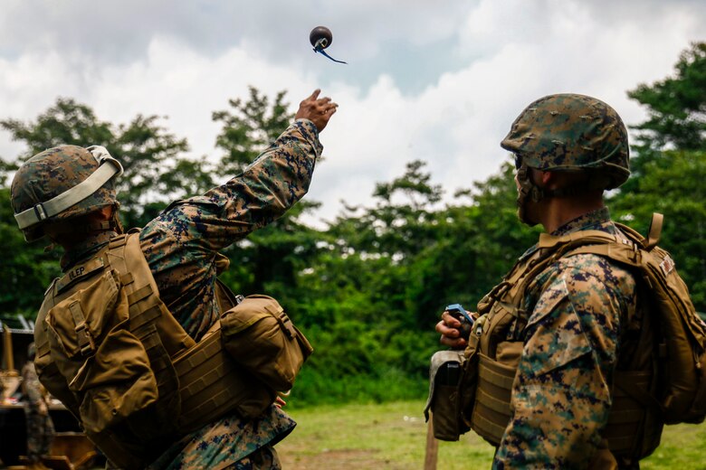 U.S. Marine Corps Lance Cpl. Jordan Ulep, left, a heavy equipment operator with Marine Wing Support Squadron (MWSS) 171 stationed at Marine Corps Air Station Iwakuni, Japan, throws an M69 practice grenade as part of a grenade training range during exercise Eagle Wrath 2016 at Combined Arms Training Center Camp Fuji, July 11, 2016. The annual exercise focus on providing aviation-ground support to an assigned aviation combat element while reinforcing skills that Marines learned throughout their military occupational specialty schooling and Marine Combat Training. The squadron plans to complete their unit annual training requirements throughout three stages, which focuses on air base ground defense and Marine Corps common skills that Marines are unable to train for locally. (U.S. Marine Corps photo by Lance Cpl. Aaron Henson/Released) 