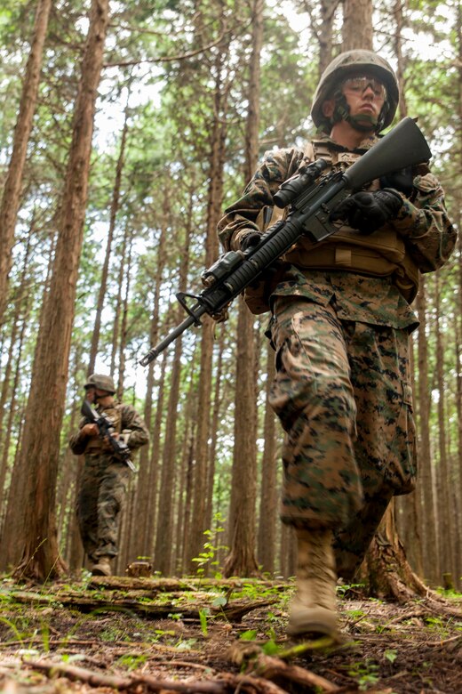 U.S. Marine Corps Pfc. Shannon Fanale, a combat engineer with Marine Wing Support Squadron (MWSS) 171, walks along a trail as part of a security patrol during exercise Eagle Wrath 2016 at Combined Arms Training Center Camp Fuji on July 14, 2016. The annual exercise focuses on providing aviation-ground support to an assigned aviation combat element while reinforcing skills that Marines learned throughout their military occupational specialty schooling and Marine Combat Training. (U.S. Marine Corps photo by Lance Cpl. Aaron Henson/Released)