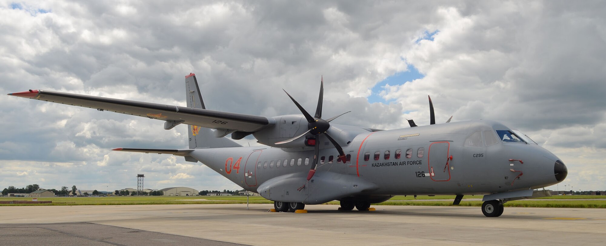 A Kazakhstan air force C-295M military twin-turboprop transport aircraft sits on a hardstand July 14, 2016, on RAF Mildenhall, England. Three Kazakhstan Air Defence Force aircraft were here in support of Exercise Steppe Eagle, training to ensure they are able to deploy in support of peacekeeping missions whenever necessary. The U.S., U.K. and Kazakhstan air forces have worked together since 2003 to build up their peacekeeping capacity in an annual exercise which encourages NATO interoperability and strengthens partnerships. (U.S. Air Force photo by Karen Abeyasekere)