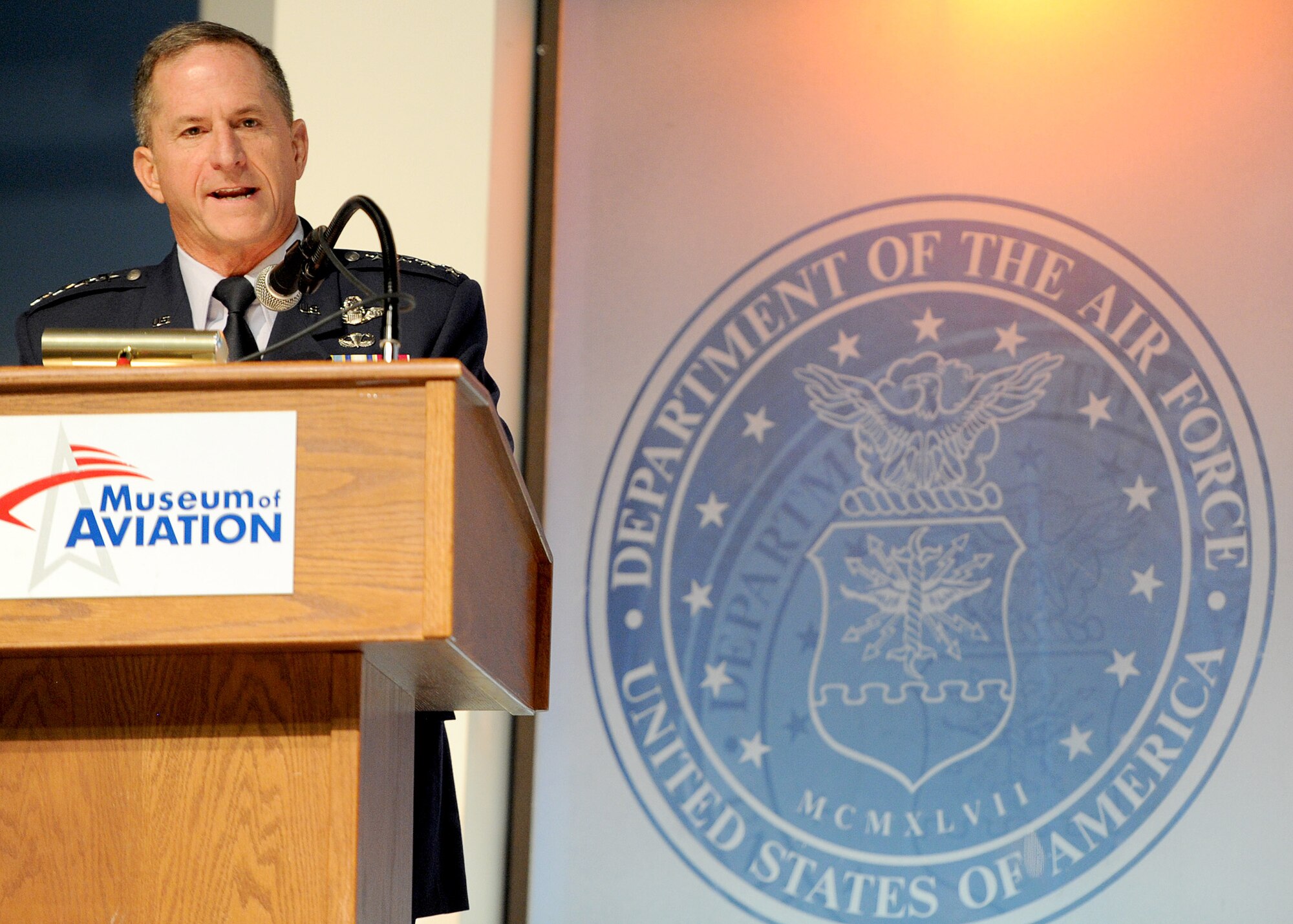 Chief of Staff of the Air Force, Gen. David L. Goldfein, speaks during the Air Force Reserve Command change of command ceremony at the Museum of Aviation in Warner Robins, Ga., July 15, 2016. (U.S. Air Force photo by Tech. Sgt. Stephen D. Schester)