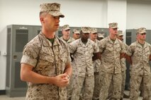 NAVAL SUPPORT FACILITY INDIAN HEAD, MD -- Capt. Lucas H. Forcella, outgoing company commander with Headquarters and Service Company, Chemical Biological Incident Response Force, CBIRF, gives remarks during a change of command ceremony at Naval Support Facility Indian Head, Md., July 13, 2016. Forcella thanked his family for support during his tour at CBIRF and said it was an honor to lead the Marines and sailors of the company. (Official USMC Photo by Lance Cpl. Maverick S. Mejiacabrera/Released)
