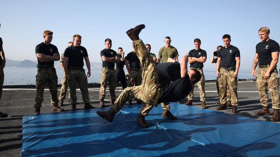 Marines with 22nd Marine Expeditionary Unit teach and demonstrate Marine Corps martial arts techniques to British Royal Marines aboard the amphibious dock landing ship USS Whidbey Island, July 8, 2016. 22nd MEU, deployed with the Wasp Amphibious Ready Group, is conducting naval operations in the U.S. 6th Fleet area of operations in support of U.S. national security interests in Europe. 