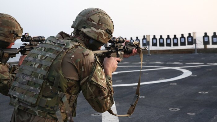 U.S. Marines with 22nd Marine Expeditionary Unit aboard the amphibious dock landing ship USS Whidbey Island, July 8, 2016. 22nd MEU, deployed with the Wasp Amphibious Ready Group, is conducting naval operations in the U.S. 6th Fleet area of operations in support of U.S. national security interests in Europe. 