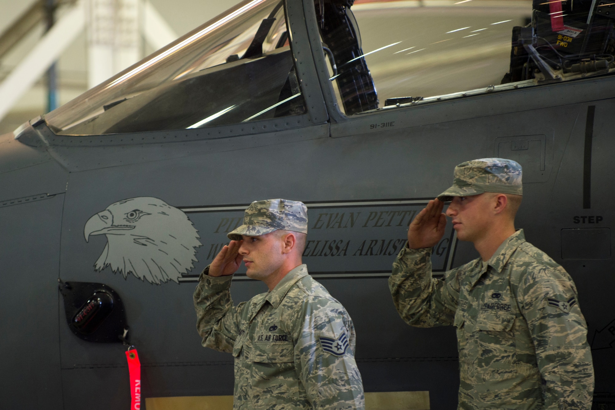 Airmen present Col. Evan Pettus, 48th Fighter Wing commander, with his named F-15E Strike Eagle after he assumed command at Royal Air Force Lakenheath, England, July 19. Pettus’ previous assignment was as the Deputy Assistant Chief of Staff, J3, United States Forces Korea. He is a command pilot with more than 2,200 flight hours in the F-15E Strike Eagle, and he is a graduate of the U.S. Air Force Academy. (U.S. Air Force photo/Senior Airman Erin Babis)