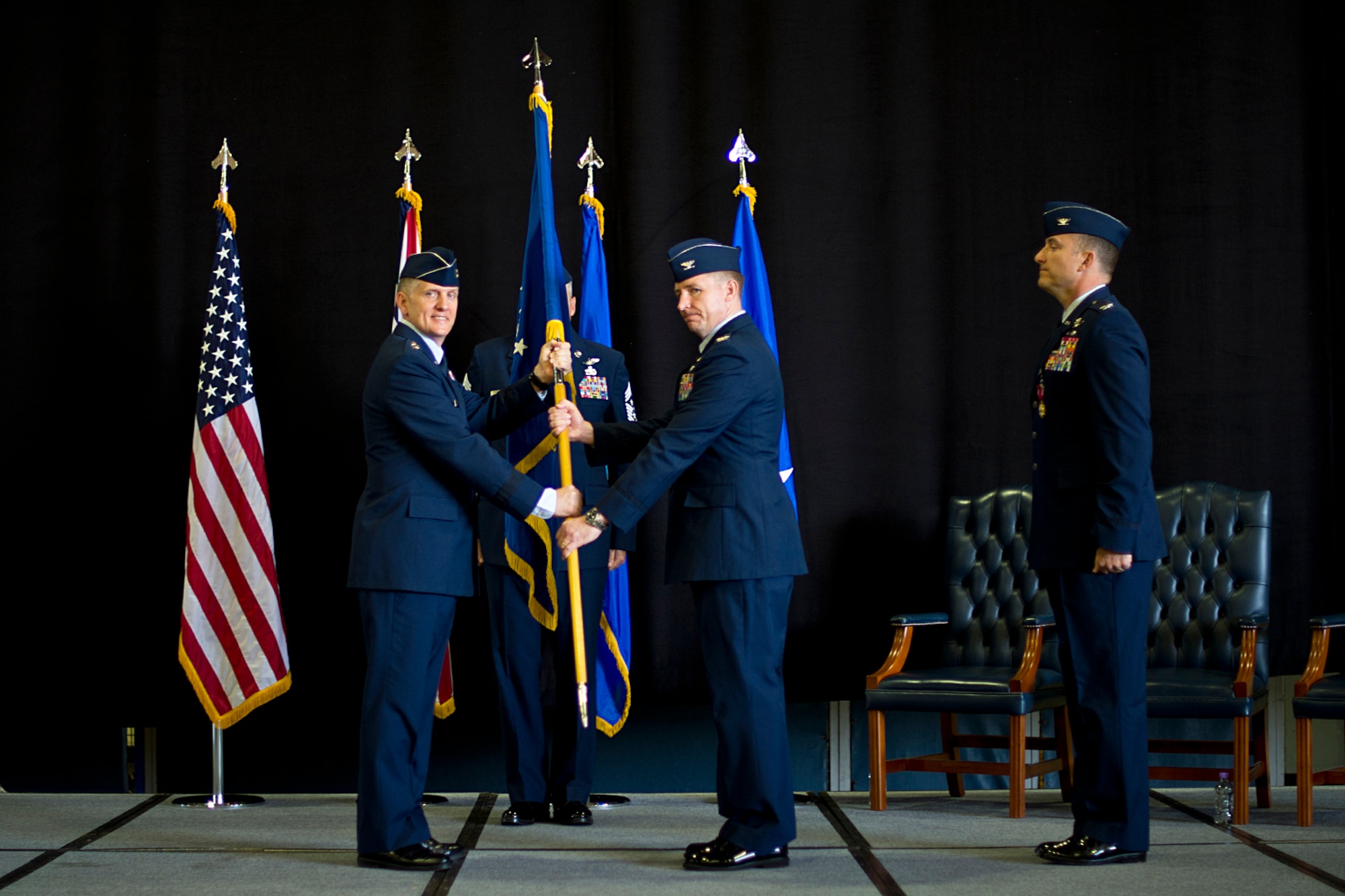Col. Evan Pettus assumes command of the 48th Fighter Wing at Royal Air Force Lakenheath, England, July 19. Pettus’ previous assignment was as the Deputy Assistant Chief of Staff, J3, United States Forces Korea. He is a command pilot with more than 2,200 flight hours in the F-15E Strike Eagle, and he is a graduate of the U.S. Air Force Academy. (U.S. Air Force photo/Senior Airman Erin Babis)