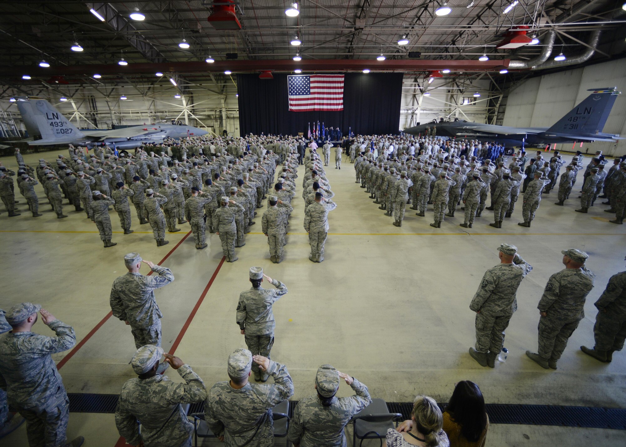 48th Fighter Wing Airmen salute during the presentation of the colors for the wing change of command ceremony at Royal Air Force Lakenheath, England, July 19. During the ceremony Col. Robert Novotny relinquished command of the 48th FW to Col. Evan Pettus. (U.S. Air Force photo/ Airman 1st Class Abby L. Finkel)