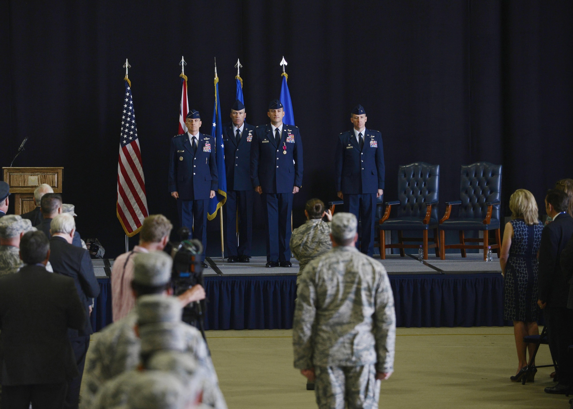 U.S. Air Force Col. Robert Novotny prepares to turn over command of the 48th Fighter Wing to Col. Evan Pettus at Royal Air Force Lakenheath, England, July 19. (U.S. Air Force photo/ Airman 1st Class Abby L. Finkel) 