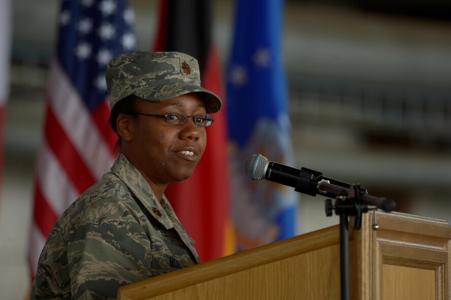 U.S. Air Force Maj. Strysan Murrell, 52nd Maintenance Squadron commander, speaks during a redesignation ceremony in Hangar One at Spangdahlem Air Base, Germany, July 14, 2016. The 52nd Component Maintenance Squadron and 52nd Equipment Maintenance Squadron have been retired and are now consolidated into the new 52nd Maintenance Squadron. (U.S. Air Force photo by Staff Sgt. Jonathan Snyder/Released)
