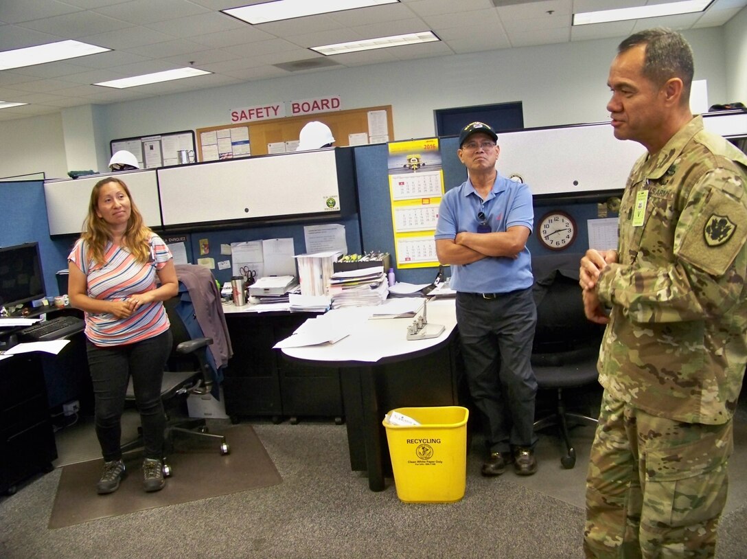 DLA Distribution San Diego employees Gabriela Enriquez, Fidel Lintag and Command Sgt. Maj. Tobin.  