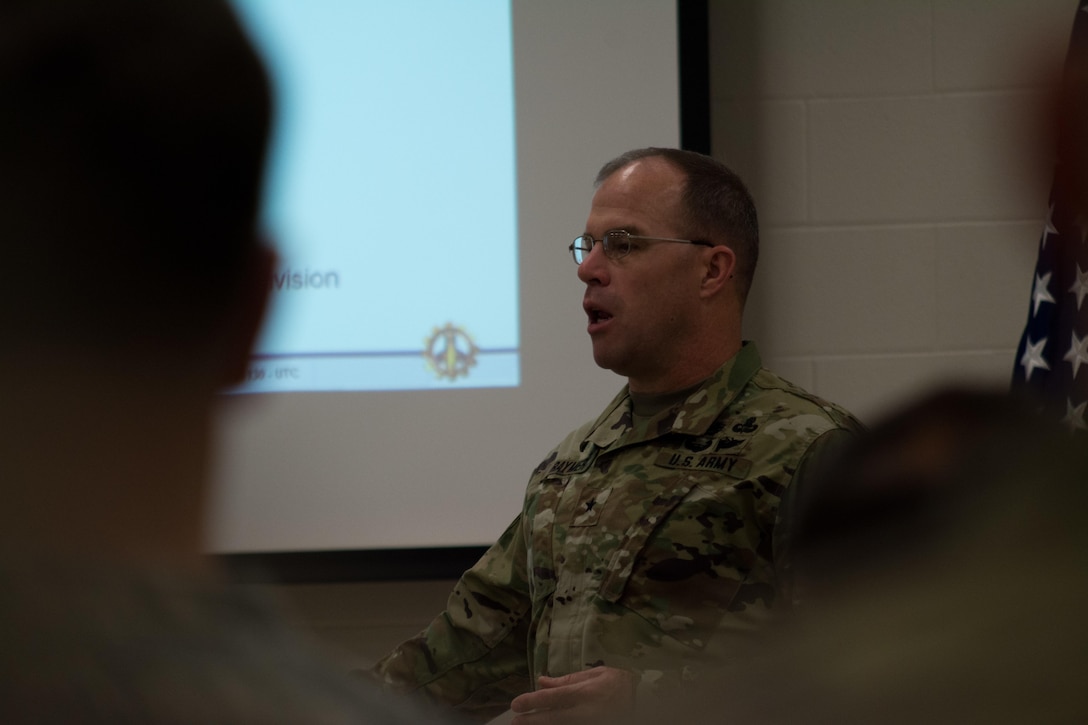 Commandant of the U.S. Army School of Engineers Brig Gen. James Raymer speaks to the attendees of the Engineer Total Planning Exercise (ENTAPE). ENTAPE is an exercise that brings together the senior engineer leadership from all components of the Army, in order to network, plan, and coordinate future capabilities. (U.S. Army photo by Staff Sgt. Jason Proseus/Released)