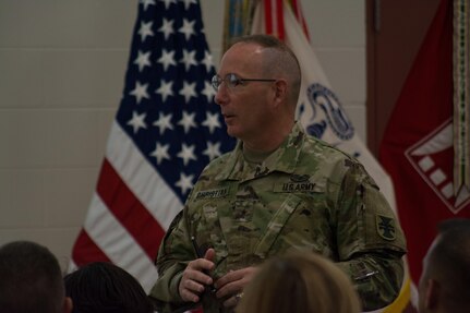 Brig. Gen. Daniel Christian, deputy commanding general for the 412th Theater Engineer Command (TEC), shares opening remarks during the Engineer Total Army Planning Exercise. ENTAPE is an exercise that brings together the senior engineer leadership from all components of the Army, in order to network, plan, and coordinate future capabilities. (U.S. Army photo by Staff Sgt. Jason Proseus/Released)