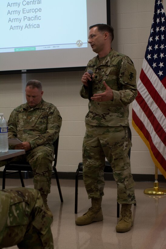 Lt. Col. Michael Stribny, the engineer liaison officer for U.S. Army Reserve Europe Command, Army Reserve Engagement Cell, answer questions from attendees at the Engineer Total Army Planning Exercise. ENTAPE is an exercise that brings together the senior engineer leadership from all components of the Army, in order to network, plan, and coordinate future capabilities. (U.S. Army photo by Staff Sgt. Jason Proseus/Released)