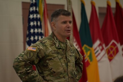 Maj. Gen. Lewis Irwin, commanding general of the 416th Theater Engineer Command (TEC), speaks to the attendees of the Engineer Total Army Planning Exercise. ENTAPE is an exercise that brings together the senior engineer leadership from all components of the Army, in order to network, plan, and coordinate future capabilities. (U.S. Army photo by Staff Sgt. Jason Proseus/Released)