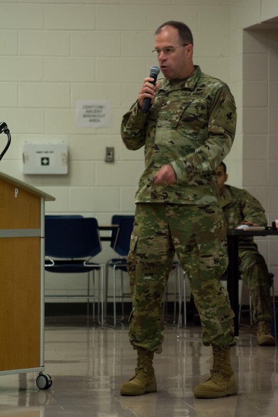 Commandant of the U.S. Army School of Engineers Brig Gen. James Raymer speaks to the attendees of the Engineer Total Planning Exercise (ENTAPE). ENTAPE is an exercise that brings together the senior engineer leadership from all components of the Army, in order to network, plan, and coordinate future capabilities. (U.S. Army photo by Staff Sgt. Jason Proseus/Released)