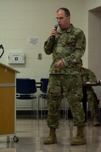 Commandant of the U.S. Army School of Engineers Brig Gen. James Raymer speaks to the attendees of the Engineer Total Planning Exercise (ENTAPE). ENTAPE is an exercise that brings together the senior engineer leadership from all components of the Army, in order to network, plan, and coordinate future capabilities. (U.S. Army photo by Staff Sgt. Jason Proseus/Released)