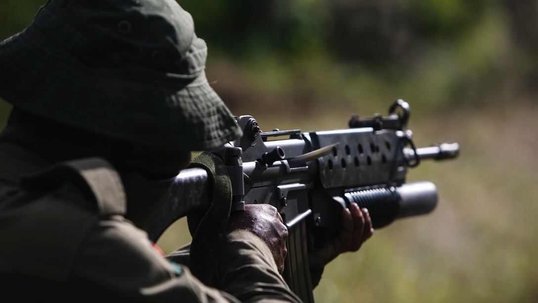 A Fijian Soldier fires a Daewoo K2 rifle during live fire training, July 12, 2016, at Ovalau, Fiji, as part of a multi-national, bilateral exercise between Fiji and the U.S. During the exercise the service members have conducted jungle survival training, live fire training and patrol base operation training to increase interoperability and relations. The Fijian Soldiers are with 3rd Battalion, 3rd Fiji Infantry Regiment, Republic of Fiji Military Training. The Marines are with Task Force Koa Moana, and are originally assigned to 1st Marine Battalion, 1st Marine Regiment, 1st Marine Division, I Marine Expeditionary Force.