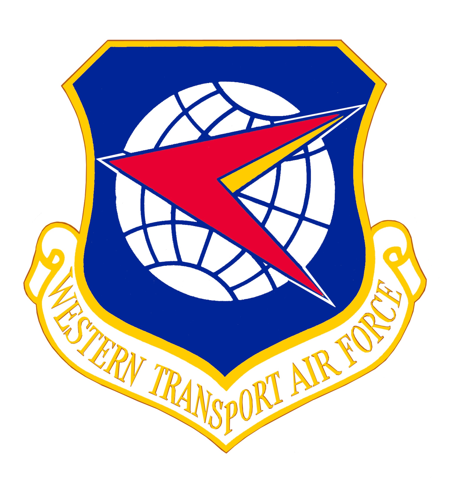 19 May 1958

Significance: The white globe represents the worldwide flying mission of the Western Transport Air Force (MATS) and our capability to support the Armed Forces in all parts of the world. The red and golden-yellow dart superimposed upon the globe, flying into the West, symbolizes the forward look of WESTAF and indicates the combined and coordinated mission of our immense operation over the worldwide airways. The blue field of the shield symbolizes our aim to accomplish the Air Force mission with safety, speed, and comfort. The emblem bears the Air Force colors, ultramarine blue and golden yellow, as well as the national colors, red, white, and blue. 