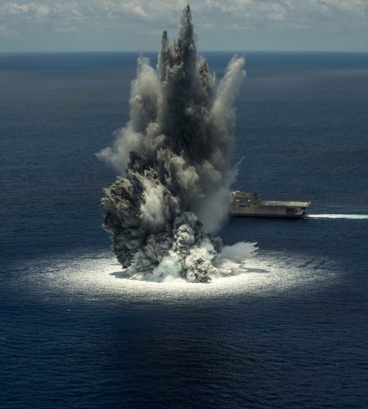 160613-N-DN943-001 ATLANTIC OCEAN (June 10, 2016) The littoral combat ship USS Jackson (LCS 6) successfully completes the first of three scheduled full-ship shock trials. The shock trials are designed to demonstrate the ship's ability to withstand the effects of nearby underwater explosion and retain required capability. Jackson is currently ported at Naval Station Mayport, Fla., for required inspections and preparation for the second full-ship shock trial scheduled for later this month. (U.S. Navy photo/Released)