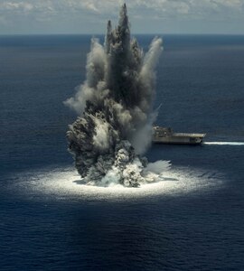 160613-N-DN943-001 ATLANTIC OCEAN (June 10, 2016) The littoral combat ship USS Jackson (LCS 6) successfully completes the first of three scheduled full-ship shock trials. The shock trials are designed to demonstrate the ship's ability to withstand the effects of nearby underwater explosion and retain required capability. Jackson is currently ported at Naval Station Mayport, Fla., for required inspections and preparation for the second full-ship shock trial scheduled for later this month. (U.S. Navy photo/Released)