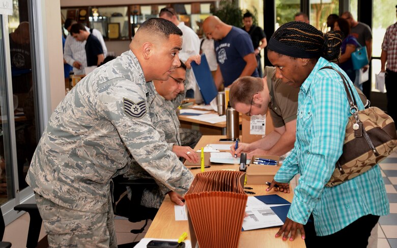 Tech. Sgt. Sonny Maldonado, 433rd Airlift Wing, Force Support Squadron, Airmen Family Readiness Technician, speaks with one of the Inactive Ready Reserve member July 9, 2016 as they process through the screening line at the IRR Muster at Joint Base San Antonio, Texas.  