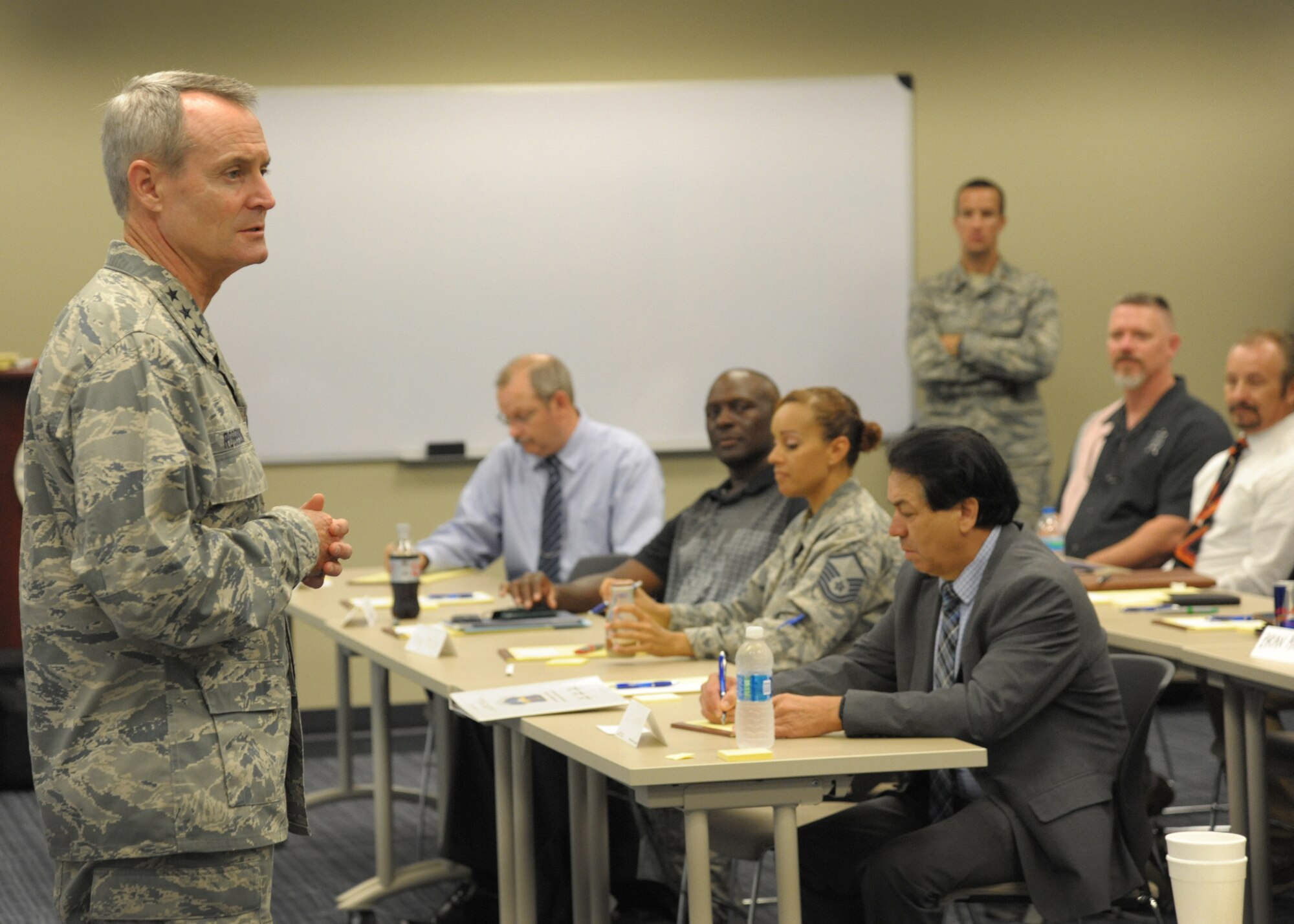Lt. Gen. Darryl Roberson, commander Air Education and Training Command, speaks to members during the 2016 AETC Wing Process Manager Workshop, July 19 at Joint Base San Antonio-Randolph. The workshop was implemented to develop a standardized and executable plan to improve continuous process improvement and the creation of an innovation culture across AETC.  (U.S. Air Force photo/Joel Martinez)