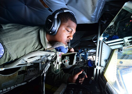 U.S. Air Force Senior Airman Cory Drummond, a 909th Aircraft Refueling Squadron boom operator, refuels a B-52H Stratofortress assigned to the 69th Bomb Squadron, Minot Air Force Base, N.D., over the Pacific Ocean during an international sinking exercise for Rim of the Pacific 2016 near Joint Base Pearl Harbor-Hickam, July 14, 2016. Twenty-six nations, more than 40 ships and submarines, more than 200 aircraft, and 25,000 personnel are participating in RIMPAC from June 30 to Aug. 4 in and around the Hawaiian Islands and Southern California. The world's largest international maritime exercise, RIMPAC, provides a unique training opportunity that helps participants foster and sustain the cooperative relationships that are critical to ensuring the safety of sea lanes and security on the world's oceans. RIMPAC 2016 is the 25th exercise in the series that began in 1971. (U.S. Air Force photo by Tech. Sgt. Aaron Oelrich/Released)