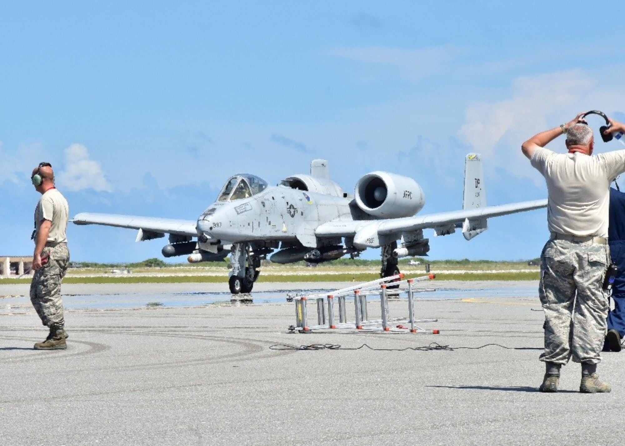 Airmen form the 924th Maintenance Squadron prepare for the arrival of A-10 Thunberbolt II July 16 in preparation for their annual tour at Patrick Air Force Base, Fla. Approximately 200 Airmen from the 924th will conduct their annual tour at Patrick AFB, allowing the unit to gain experience and train with the 920th Rescue Wing. (U.S. Air Force photo by Tech. Sgt. Louis Vega Jr.)