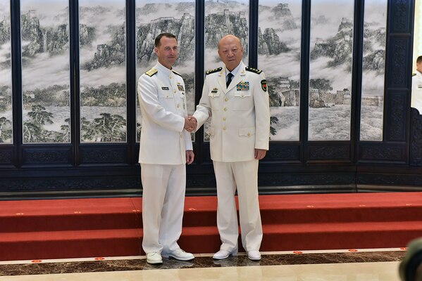 (July 18, 2016) - Chief of Naval Operations (CNO) Adm. John Richardson meets with Adm. Wu Shengli, Commander of the People's Liberation Army Navy (PLAN), at the PLAN headquarters in Beijing.  Richardson is on a multi-day trip to China to meet with his counterpart to and tour the Chinese North Sea fleet in Qingdao.  The goal of the engagement is to improve mutual understanding and encourage professional interaction between the two navies. 