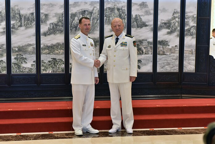 (July 18, 2016) - Chief of Naval Operations (CNO) Adm. John Richardson meets with Adm. Wu Shengli, Commander of the People's Liberation Army Navy (PLAN), at the PLAN headquarters in Beijing.  Richardson is on a multi-day trip to China to meet with his counterpart to and tour the Chinese North Sea fleet in Qingdao.  The goal of the engagement is to improve mutual understanding and encourage professional interaction between the two navies. 