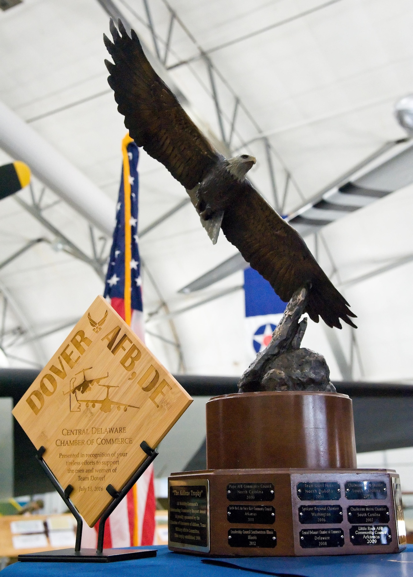 The Abilene Trophy sits on display during the trophy presentation July 13, 2016, at the AMC Museum on Dover Air Force Base, Del. The Central Delaware Chamber of Commerce was awarded the Abilene Trophy for outstanding support to a nearby Air Mobility Command base and has received this trophy in 1999, 2008, and 2015. (U.S. Air Force photo/Roland Balik)