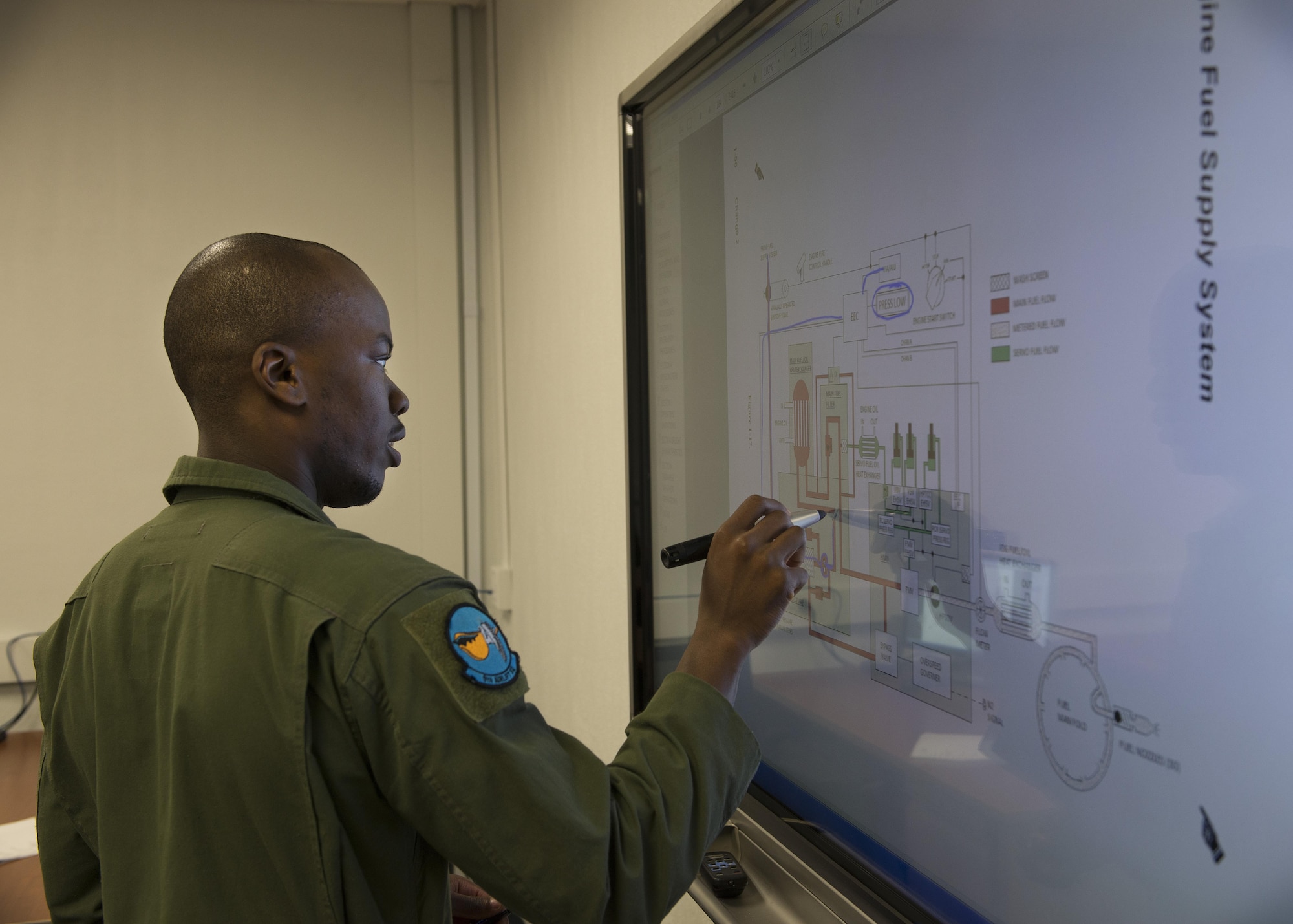 Senior Airman Khalil Muhammad, 9th Airlift Squadron flight engineer, uses a smartboard to go over a C-5M Super Galaxy’s engine fuel supply system July 19, 2016, on Dover Air Force Base, Del. Smartboards like this were part of a $15.5 million renovation that Building 206, which houses the Aircrew Training Systems, recently received. (U.S. Air Force photo/Senior Airman Zachary Cacicia)