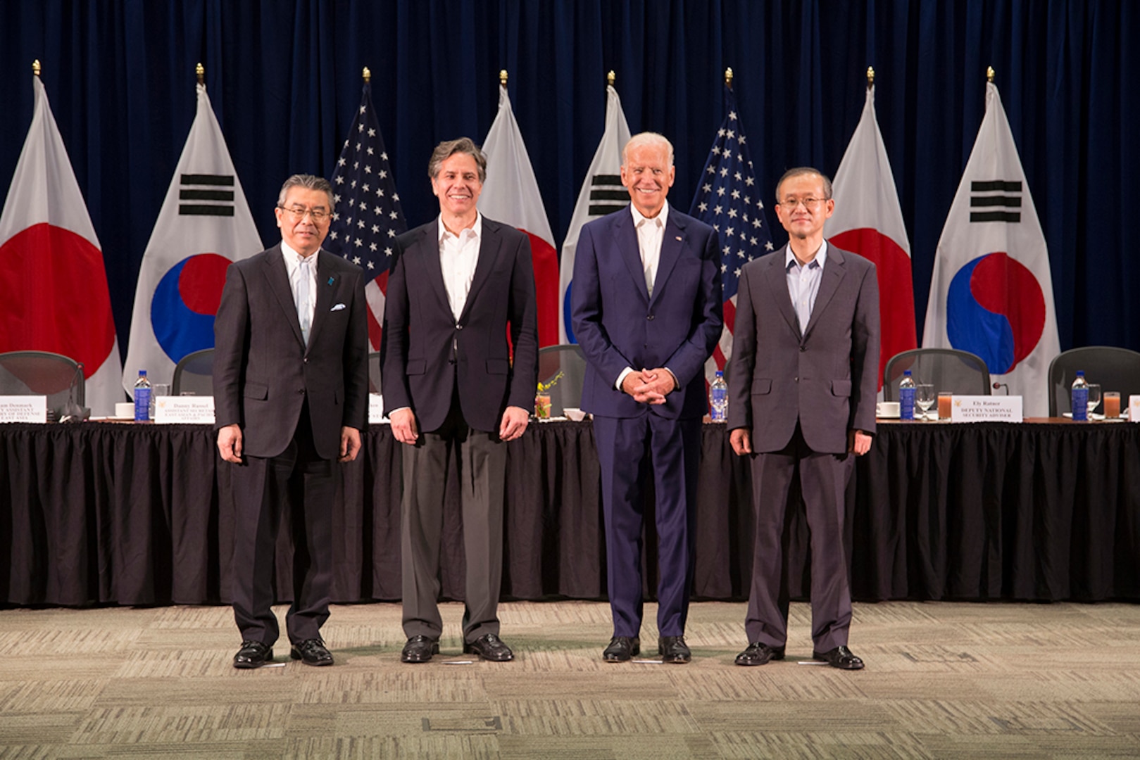 (July 3, 2016) - U.S. Vice President Joseph Biden (second from right) is pictured here with leaders of the Japan, Korea and U.S. delegations taking part in the July 14 trilateral discussions at the Daniel K. Inouye Asia-Pacific Center for Security Studies in Honolulu. From left to right are Japan’s Vice Minister of Foreign Affairs Shinsuke Sugiyama, U.S. Deputy Secretary of State Tony Blinken, and Republic of Korea Vice Minister of Foreign Affairs Lim Sung-Nam.