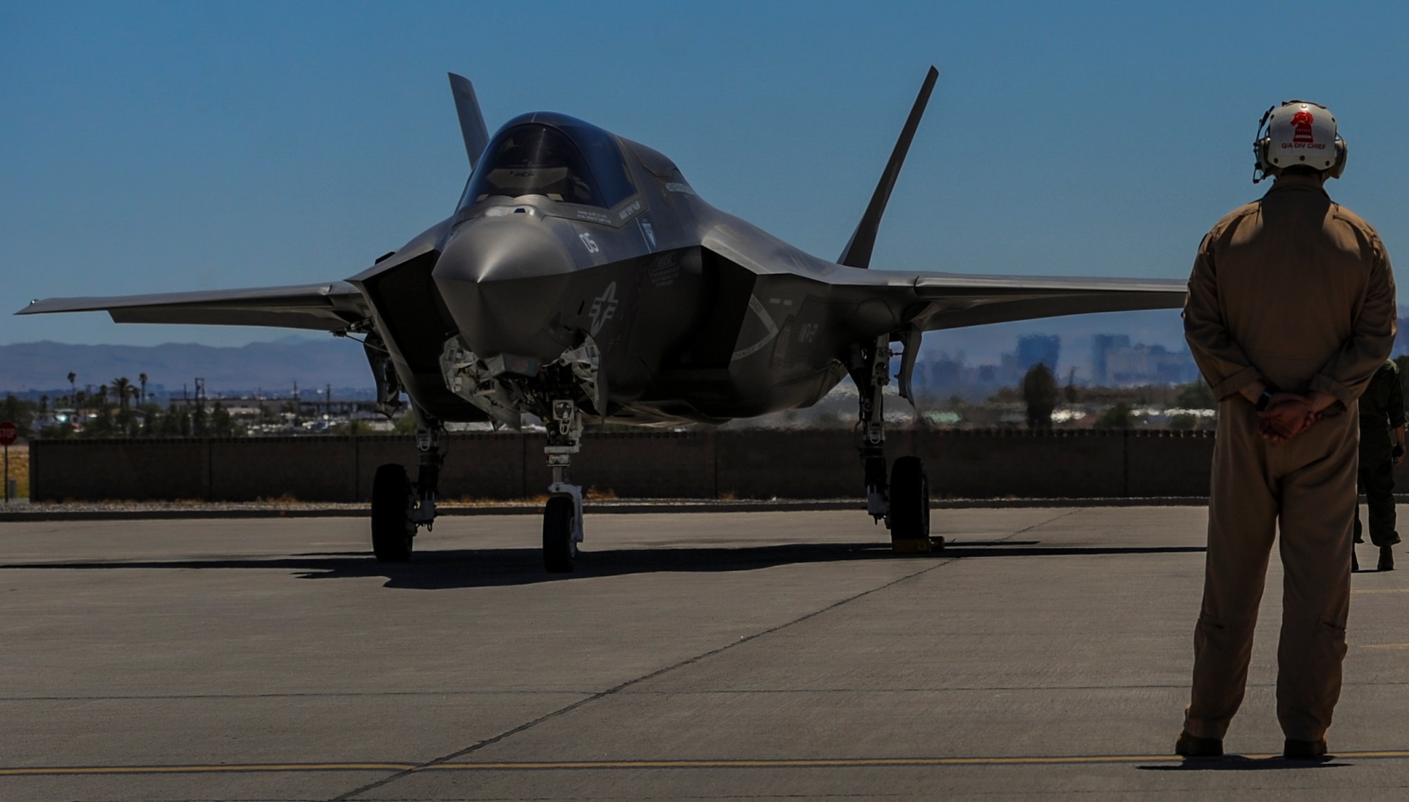 An F-35B, assigned to the 3rd Marine Aircraft Wing, Marine Corps Air Station Yuma, Az., prepares to take off during Red Flag 16-3 at Nellis Air Force Base, Nev., July 12, 2016. Air-to-air combat training exercise is conducted over the 2.9 million acre Nevada Test and Training Range during Red Flag. (U.S. Air Force photo by airman 1st Class Kevin Tanenbaum)