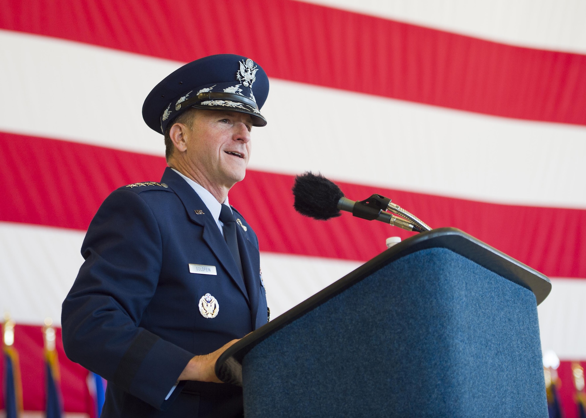 Gen. David L. Goldfein, Chief of Staff of the U.S. Air Force, speaks to the assembled Air Commandos and guests during the Air Force Special Operations Command change of command ceremony July 19, 2016, at Hurlburt Field, Fla. Goldfein officiated as Lt. Gen. Brad Webb took command of AFSOC.  Webb is the 11th AFSOC commander, and follows Lt. Gen. Brad Heithold, who is transferring to Washington D.C. to serve as the principal deputy director of cost assessment and program evaluation in the Office of the Secretary of Defense. (U.S. Air Force photo by Staff Sgt. Melanie Holochwost)