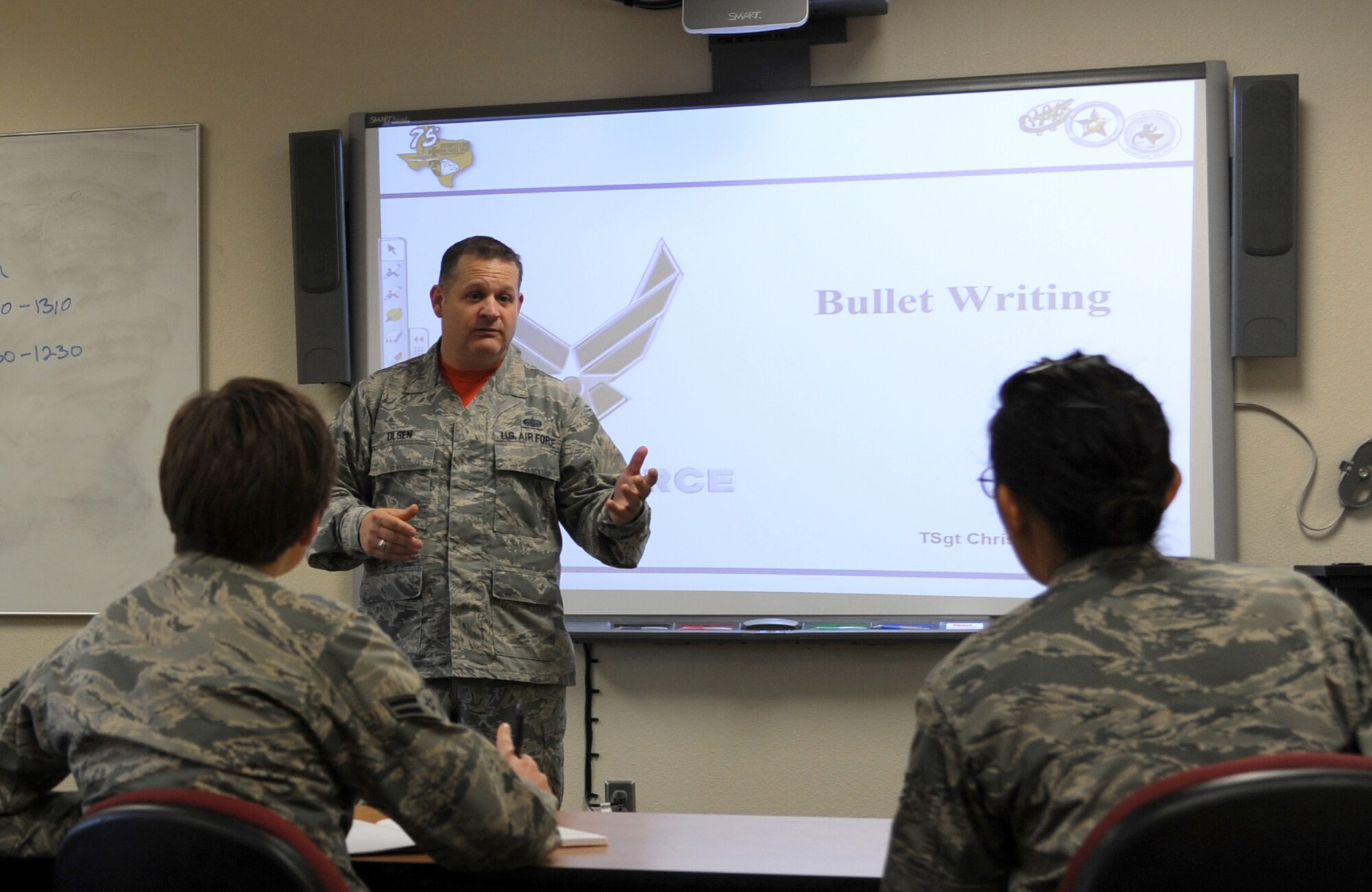 U.S. Air Force Tech. Sgt. Christopher Olsen, 17th Training Support Squadron functional service desk NCO in charge, speaks during the Airmen professional development course at the Consolidated Learning Center on Goodfellow Air Force Base, Texas, July 15, 2016. Olsen gathered subject matter experts to teach junior Airmen about a variety of topics. (U.S. Air Force photo by Senior Airman Joshua Edwards/Released)