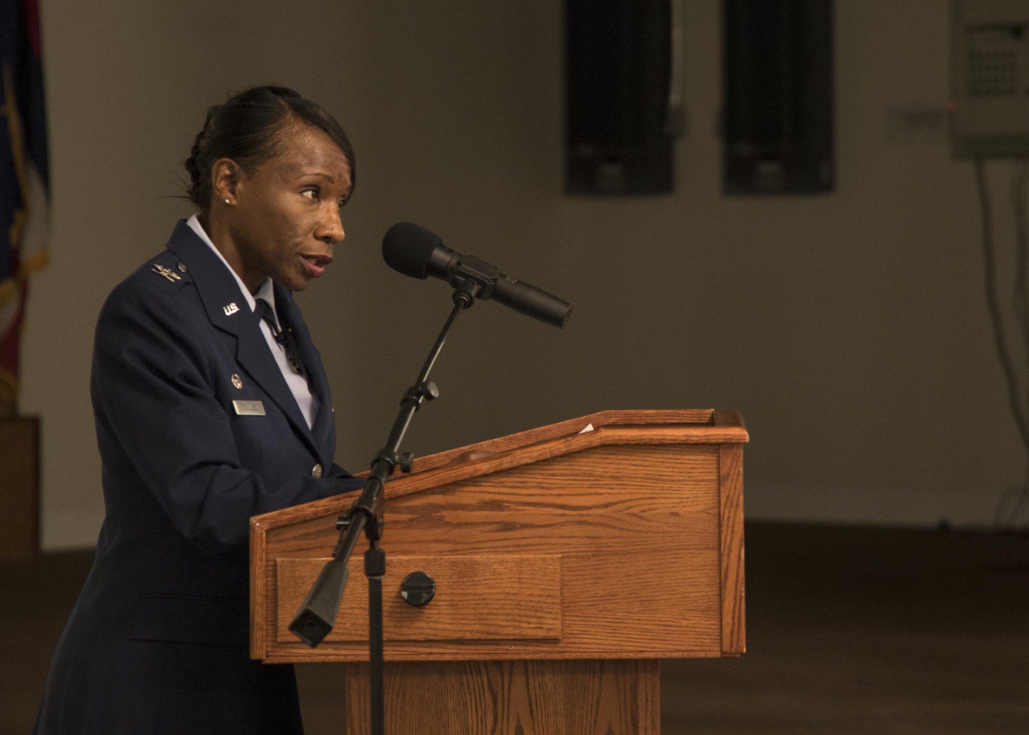 Col. Cherron Galluzzo, 90th Medical Group commander, speaks to Airmen from the 90th Missile Wing after assuming command of the 90th Medical Group July 19, 2016, at F.E. Warren Air Force Base, Wyo. Galluzzo came to the wing after working at the 96th Inpatient Operations Squadron, Eglin AFB, Fla., as the commander. (U.S. Air Force photo by Airman 1st Class Malcolm Mayfield)