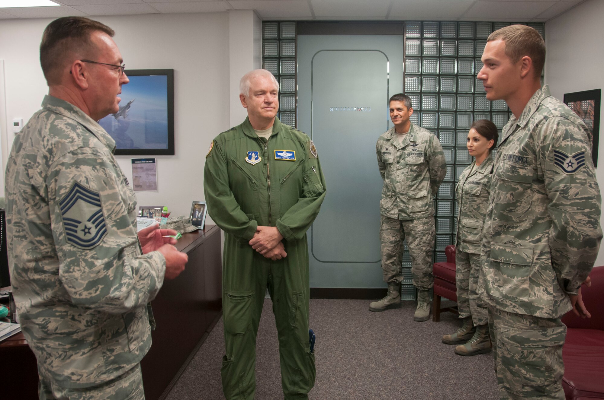 Lt. Gen. L. Scott Rice, director of the Air National Guard, greets 162nd Wing Airmen during a visit to the Arizona Air National Guard base at Tucson International Airport, June 29-30.  The visit is Rice’s first since becoming director. He met with Airmen and recognized outstanding accomplishments. (U.S. Air National Guard photo by 1st Lt. Lacey Roberts)