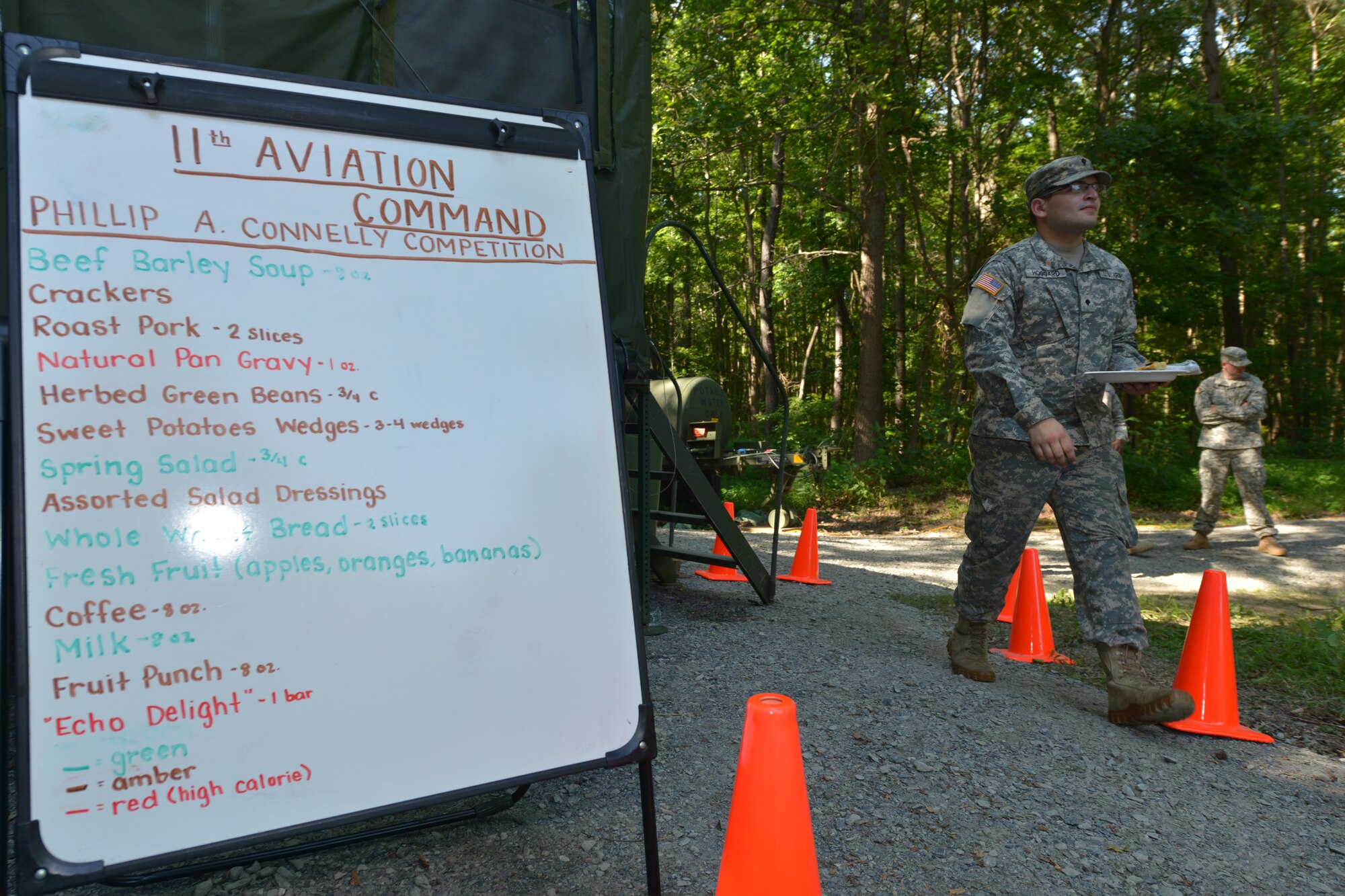 Soldiers with the Echo Company, 5th Battalion, 159th General Support Aviation Brigade take their meals to the dining tent at Fort Eustis, Va., July 13, 2016.  The meals, made by the brigade, were in preparation for an upcoming culinary competition. (U.S. Air Force photo by Staff Sgt. Natasha Stannard)
