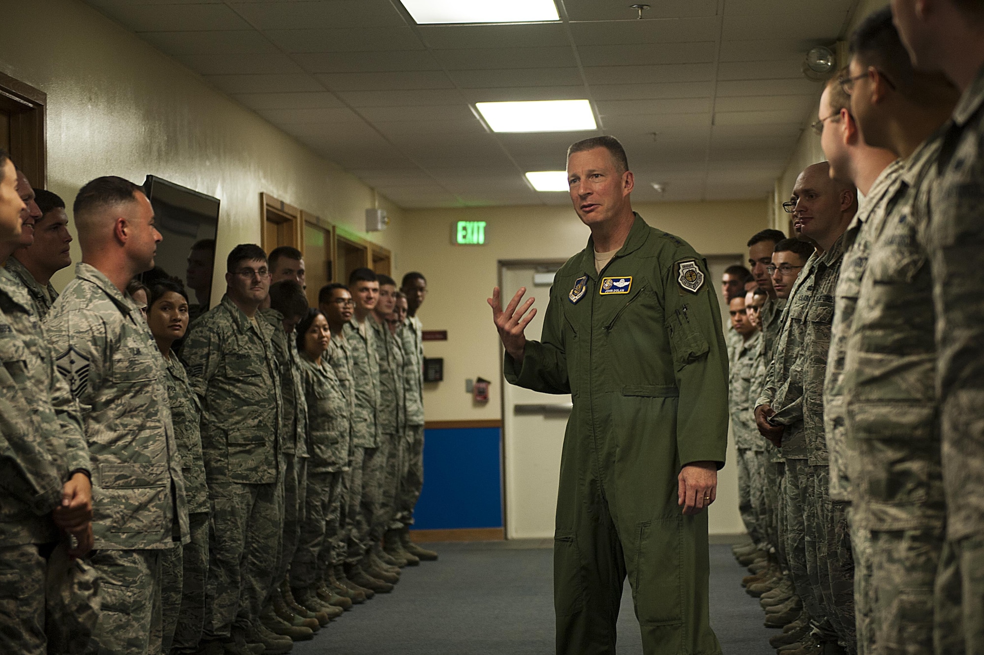 U.S. Air Force Lt. Gen. John Dolan, U.S. Forces Japan and 5th Air Force commander, speaks with members of the 18th Wing June 28, 2016, at Kadena Air Base, Japan. The focus of his visit was to express the importance of the Status of Forces Agreement and the Treaty of Mutual Cooperation and Security between the governments of the United States of America and Japan, while also laying out what they clearly state and how it affects members of the U.S. Forces in Japan. Dolan also used the visit as an opportunity to highlight exceptional performers from across the wing. (U.S. Air Force photo by Airman 1st Class Corey M. Pettis)

