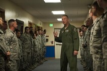 U.S. Air Force Lt. Gen. John Dolan, U.S. Forces Japan and 5th Air Force commander, speaks with members of the 18th Wing June 28, 2016, at Kadena Air Base, Japan. The focus of his visit was to express the importance of the Status of Forces Agreement and the Treaty of Mutual Cooperation and Security between the governments of the United States of America and Japan, while also laying out what they clearly state and how it affects members of the U.S. Forces in Japan. Dolan also used the visit as an opportunity to highlight exceptional performers from across the wing. (U.S. Air Force photo by Airman 1st Class Corey M. Pettis)
