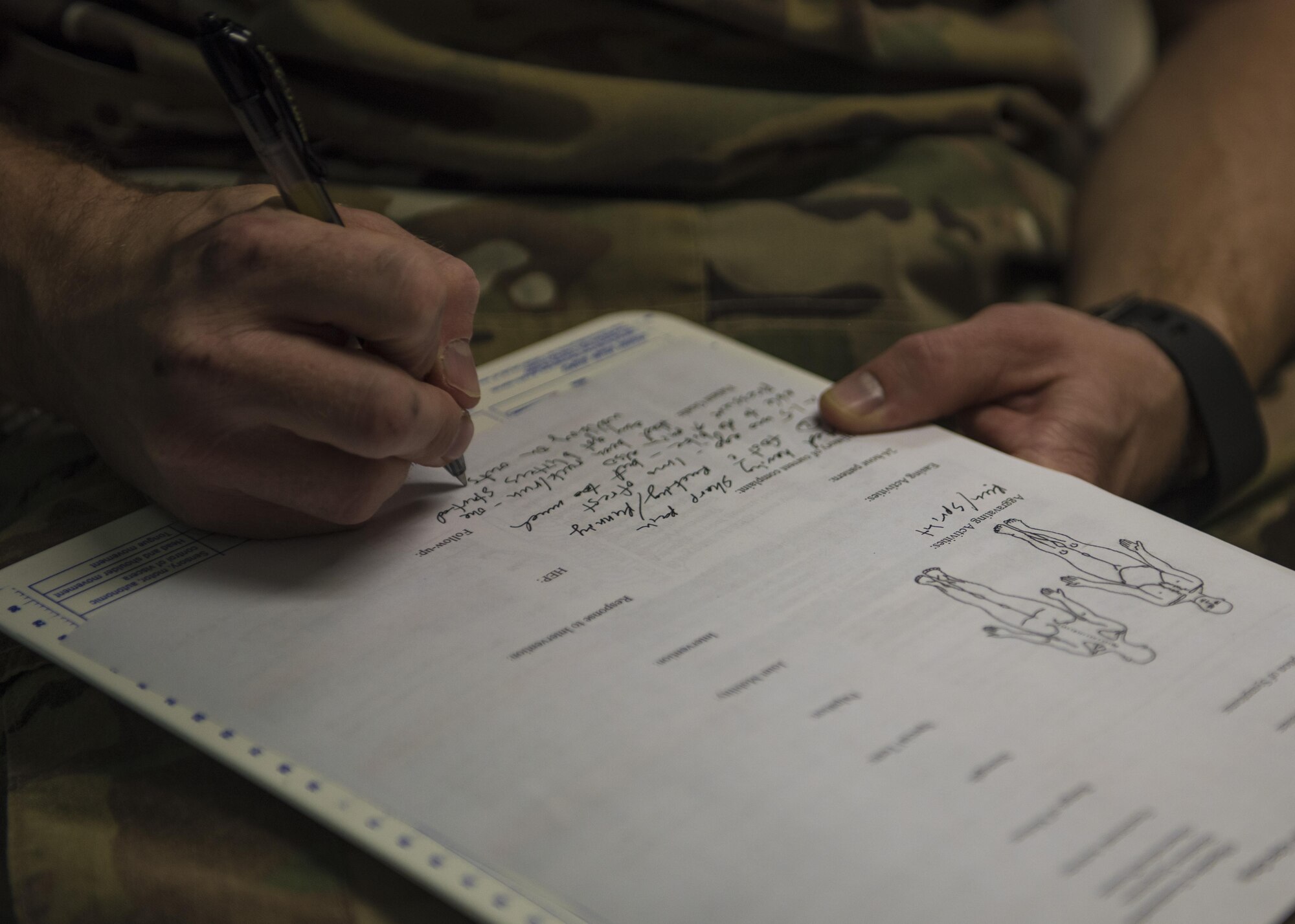 Maj. Brandon Morgan, 455th Expeditionary Medical Group physical therapist, takes notes during a patient evaluation, Bagram, Afghanistan, July 19, 2016. Morgan conducts evaluations to assess patient limitations and plan the proper course of therapy. (U.S. Air Force photo by Senior Airman Justyn M. Freeman)